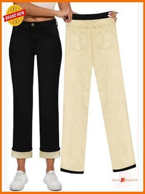 Fleece Lined High Waisted Straight Leg Jeans Winter Pants
